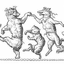 A cat, a bear, and a female wolf dance to the music of an ape and a boy playing the shawm