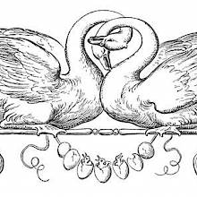 Two swans with entwined necks sit on a stem decorated with volutes and a garland of eggs