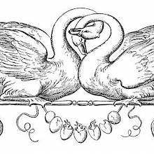 Two swans with entwined necks sit on a stem decorated with volutes and a garland of eggs