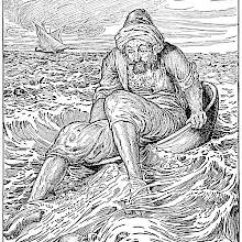 A man sitting in a large basin barely manages to stay afloat on the open sea