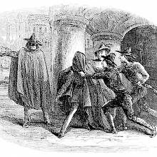 A man has a cloak flung over his head by a gang lead by a figure wearing a mask