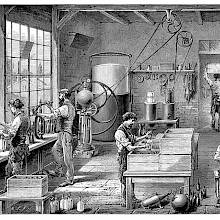 view of a Workshop in a carbonated water factory showing workers filling soda siphons, etc.