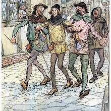 Three men are walking arm in arm in the streets of an old-world city