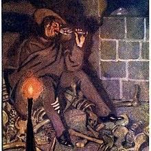 A man sitting in a cellar with bones scattered on the floor drinks from a glass