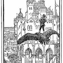 A youth stands on the back of a gliding eagle, contemplating the castle standing before him