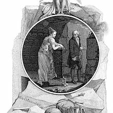 A woman leans on a stand in a crypt lined with skulls as a man takes his leave from her