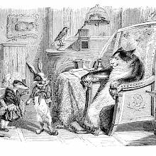 A cat sitting in a stately armchair receives the visit of a weasel and a rabbit