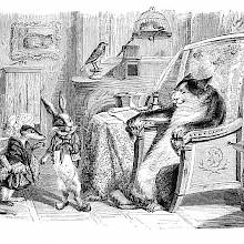 A cat sitting in a stately armchair greets a weasel and a rabbit with a cunning smile
