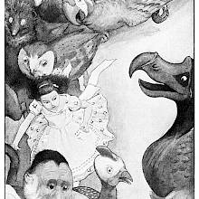 Alice and various animals run in a circle as the dodo watches in the middle