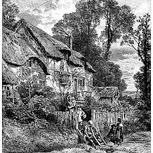 A chair mender is at work by the gate of a thatched cottage