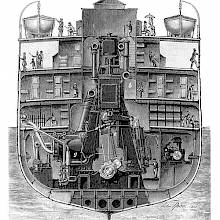 Cross-Section of the steam ship La Champagne, showing the engine rising as high as the main deck