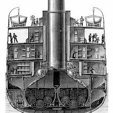 Cross-Section of the steamship La Champagne showing the boiler room, coal bunkers, and passengers on the decks