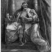 A bearded, fierce-looking man sits on a throne with his daughter by his side