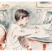 A boy is seen from the side sitting at a table and drawing from a book placed in front of him