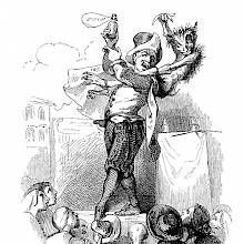 A snake oil seller addresses the audience with a demon on his shoulders