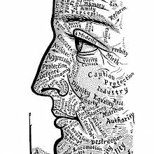 View of a face divided into various areas labeled according to physiognomy or similar theories.