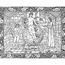 A woman stands with a string instrument behind a translucent orb, flanked by a blindfolded Cupid