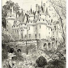 View of the château d'Ussé showing a bridge and a woman with a little girl in the foreground