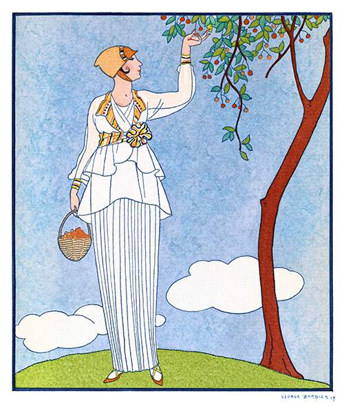 A woman is seen from the front delicately picking cherry plums from the tree to fill her basket