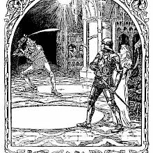 Having ventured inside a palace, a knight draws his sword to confront a fearsome elf
