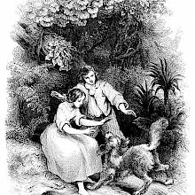 A girl and a boy welcome a dog in a landscape of lush tropical vegetation