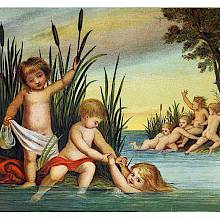 Three children can be seen playing in an inlet, unaware of a mermaid approaching in the background