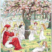 View of an orchard with children dancing around a tree to the music of a piper dressed in red