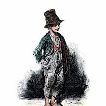 Full-length depiction of a young chimney sweep wearing a hat and soot-stained clothes