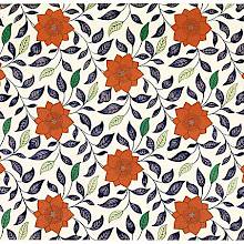 Reddish ochre floral design with a background of blue and green leaves