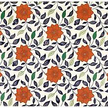 Reddish ochre floral design with a background of blue and green leaves