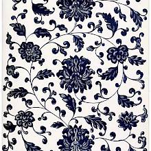 Pattern of blue flowers and leaves connected by stems on an almost white background