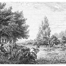 Landscape showing a river and riverbanks dotted with trees where a man is playing the bagpipe