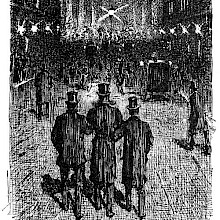 Three men are seen from behind walking at night, arm in arm