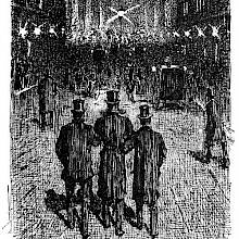 Three men are seen from behind walking at night, arm in arm