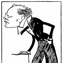 caricature portrait of Winston Churchill seen from the side leaning on a piece of furniture