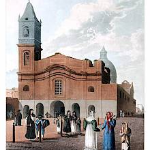 Aquatint showing the Basilica of Our Lady of the Rosary and Santo Domingo Convent in Buenos Aires