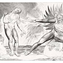 Ciampolo stands against a background of waves and flames as a devil tears at his arm with a hook