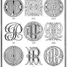 Plate showing nine ciphers combining the letter I with O, P, Q, and R