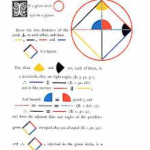 Page of a textbook on Euclid's Elements illustrated with geometric shapes in various colors