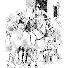 A woman stands on a porch, listening to a man on horseback who covers his mouth with his hand