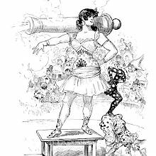 A woman stands on a small table in a circus ring with a firing cannon on her shoulders