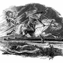 A man runs away on the back of a galloping horse, look in fright at the creature behind him