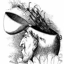 A flurry of phantasmagoric creatures flies out of a male head with the top of the skull tipped open