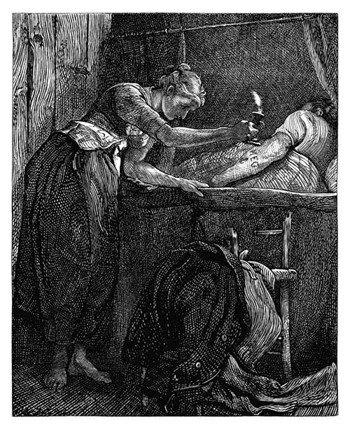A woman with a candle leans over the bed in which a man is sleeping, to have a closer look at him