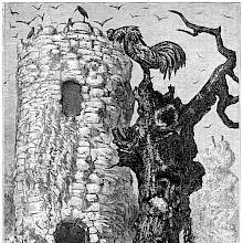 A rooster perched high on a dead tree looks down at the fox talking to him