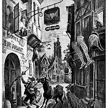 At night, a man with a donkey knocks on the door of a hotel standing in a narrow street