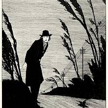 A man wearing a hat stands on a windy road lined with trees and electric poles