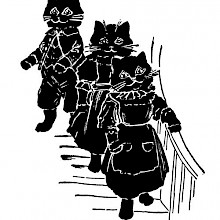 Three kittens are walking down a flight of stairs, one behind the other