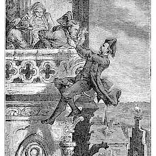 A man riding a bottle floats in mid-air and tries to make a man on a balcony follow him