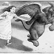 The Gryphon takes Alice by the hand and runs off with her along a beach
